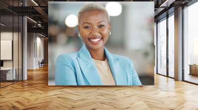 Face portrait, manager and happy black woman, business leader or employee smile for startup company success. Management, corporate person and headshot of female, bank admin or professional consultant Wall mural