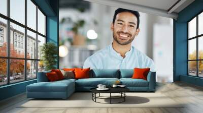 Happy, smile and portrait of man in office for startup, confident and positive. Happiness, corporate and pride with face of male employee standing in agency for management, expert and director Wall mural