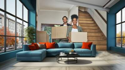 Happy couple, real estate and moving in new home with boxes for renovation, investment or relocation. Interracial man and woman owner carrying box for property rent, mortgage loan or move together Wall mural