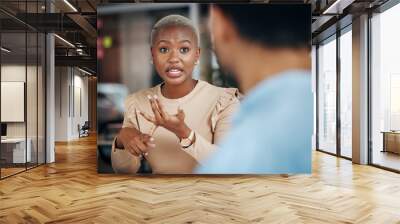 Job interview, human resources recruitment and black woman explain hiring process, HR communication or networking. Talking, speaking and team collaboration chat, strategy discussion or conversation Wall mural