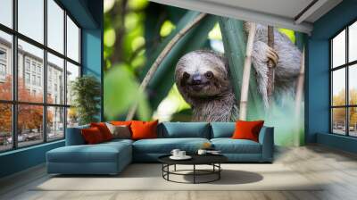 Close-up of three-toed sloth hanging from tree Wall mural