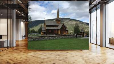 View of Lom Stave Church in Lom, Norway Wall mural