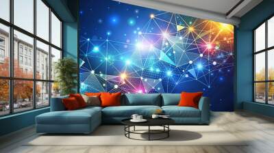 A vibrant abstract background with a complex network of glowing lines and points, creating a dynamic and futuristic visual representation of interconnectedness. Wall mural