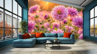 A vibrant field of pink flowers bathed in the warm glow of the setting sun, with delicate petals unfurling towards the light. Wall mural