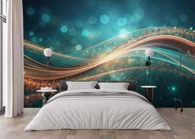 Abstract teal and copper wave with delicate light effects and particles, creating a visually stunning design Wall mural