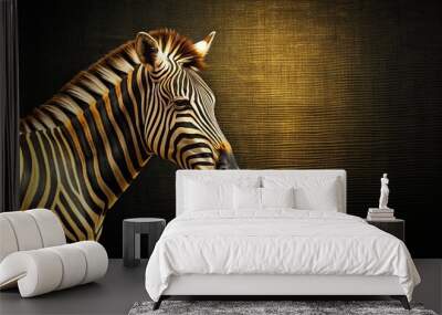 Black canvas with a gold zebra painting, luxurious home decor, close up shot, zebra, gold, oil paints Wall mural