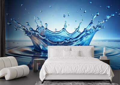 Blue water splash with droplets flying in all directions, symbolizing fresh, clean, and pure aquatic refreshment Wall mural