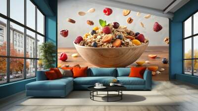 Bowl made of oat flakes with falling fruit and nuts, healthy breakfast concept creative, oat flakes, bowl, fruit, nuts Wall mural