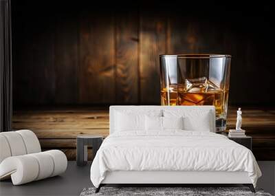 Closeup of a whiskey glass on a wooden table with a dark background, whiskey, glass, drink, alcohol, closeup Wall mural