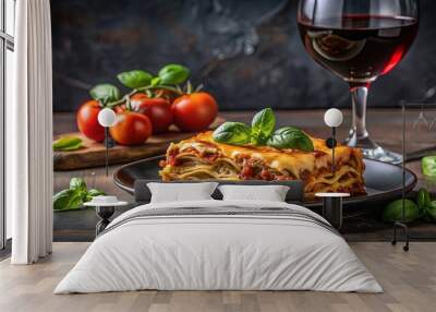 Delicious homemade lasagna with wine and basil on a dark table Wall mural