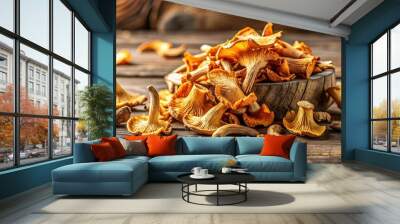 Dried sliced chanterelle mushrooms on a wooden surface , gourmet, culinary, dehydrated, forest, ingredient, food, fungi, organic Wall mural