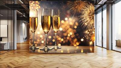 Golden champagne glasses on a festive New Year's Eve celebration with fireworks in the background, Champagne Wall mural