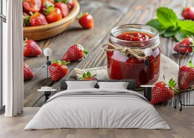 Homemade strawberry jam in a jar , strawberries, jam, homemade, canned, preserves, fruit, red, sweet, delicious Wall mural