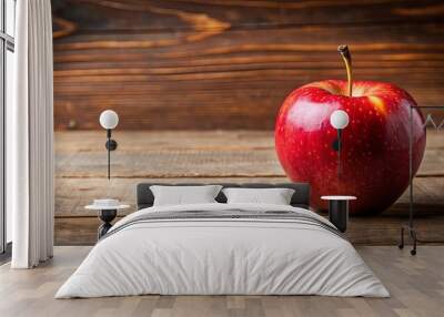 Juicy red apple on a wooden table, fruit, healthy, fresh, organic, natural, snack, delicious, nutrition, diet, vibrant, ripe Wall mural