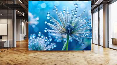 Macro shot of plant with dewdrops on petals against softly blurred blue backdrop Wall mural