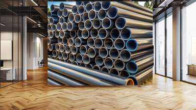 Pile of black HDPE pipes for water transportation, HDPE pipes, irrigation, plastic, water Wall mural