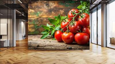 Ripe tomatoes on vine with green leaves and rustic background Wall mural