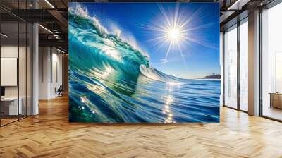 Sea wave low angle view with clear blue sky and sun , ocean, water, background, below, wave, close-up, view, blue, clean Wall mural