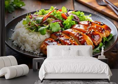 Teriyaki chicken with rice and salad on a plate , Japanese cuisine, grilled chicken, Asian food, healthy eating Wall mural