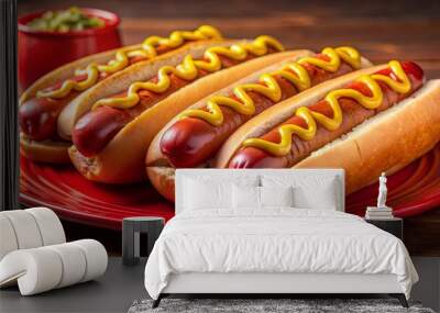 Three hot dogs on a red plate with mustard and ketchup, background with copy space, hot dogs, red plate, mustard Wall mural