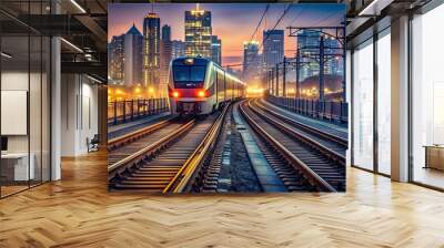 Train traveling through the night with city lights in the background, train, night, traveling, transportation Wall mural