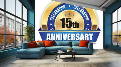 Gold 15th anniversary badge with blue ribbon on white background Wall mural