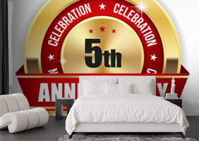 Red 5th anniversary badge with gold border and ribbon Wall mural