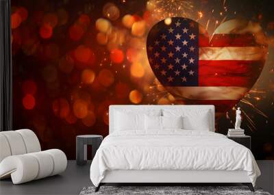 american flag heart with fire works around Wall mural