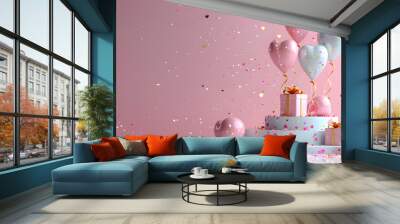 balloons confetti scattered pink background transparent barbarian celebrate birthday surprise interconnections flamboyant sharp ages excited expression banner Wall mural