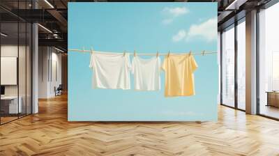 Clothes Hung by Pegs for Drying, Fresh Laundry on a Clothesline Outdoors Wall mural