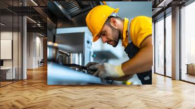 Experienced Technician Wearing Safety Gear Performing Stove Repair: Ensuring Safe and Efficient Kitchen Appliance Maintenance. Wall mural