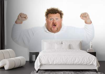 Humorous Overweight Sportsman Flexing His Muscles, Playful Fitness and Body Positivity Wall mural