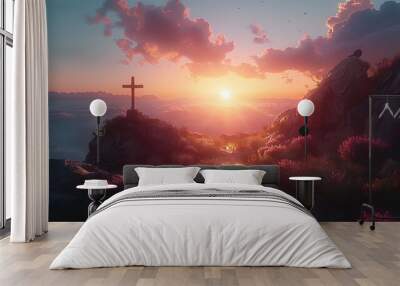 jesus christ cross easter resurrection concept christian cross on a background with dramatic lighting colorful mountain sunset dark clouds  Wall mural