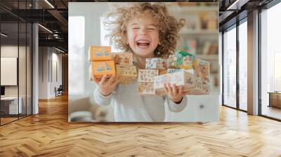 kid struggling with  board games  boxes | challenges of playtime and childhood fun Wall mural