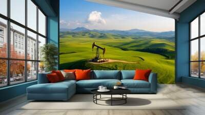 Landscape with Oil Rigs on Green Fields – Contrast of Industry and Nature Wall mural