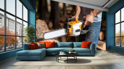 Man Using an Electric Chainsaw to Cut Down Large Trees: Demonstrating Power Tools in Action for Tree Removal. Wall mural