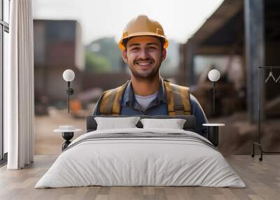 Portrait confident oung man wearing safety helmet and reflective vest, Young and confident engineer wearing hard hat, worker safety concept Wall mural