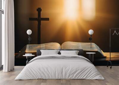 Sunlight Illuminating Open Bible with Jesus Cross in the Background, Spiritual Reflection and Faith Wall mural