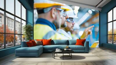 Two Construction Workers Wearing White Hard Hats | Safety First in Construction Sites Wall mural