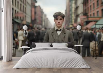 Young Man on a Crowded Street in New York – 1940s Urban Life and Historical Scene Wall mural