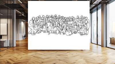 big family taking photo together vector illustration sketch doodle hand drawn with black lines isolated on white background. Teamwork or family concept. Wall mural