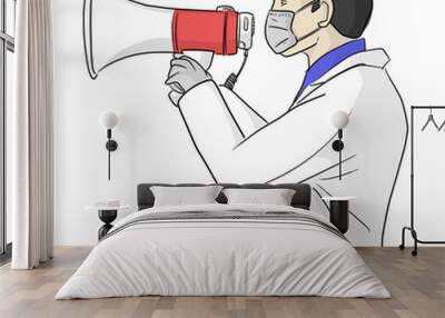 doctor yelling with megaphone through the medical mask vector illustration sketch doodle hand drawn isolated on white background Wall mural