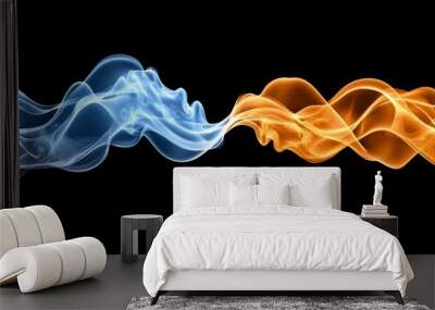 Abstract Blue and Orange Smoke Waves on Black Background Wall mural