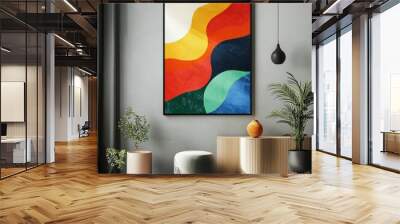 Abstract Colorful Painting in Modern Interior Design with Plants and Pendant Light Wall mural