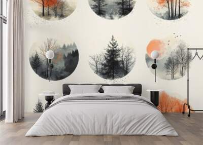 Abstract Watercolor Forest Trees in Circle Frames Wall mural