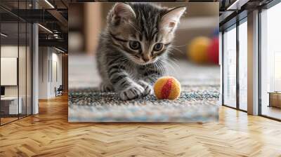 Adorable Kitten Playing with Toy Ball on Carpet Wall mural