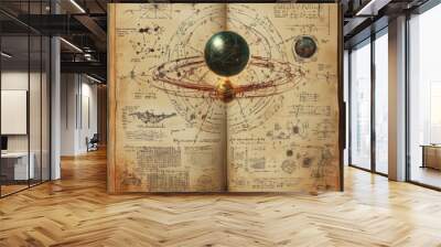 Ancient Manuscript with Globe  Orbits  and Celestial Charts Wall mural