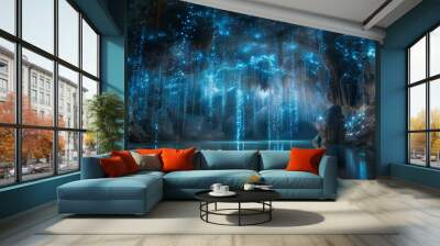 Bioluminescent Cave with Water Reflection and Stalactites Wall mural