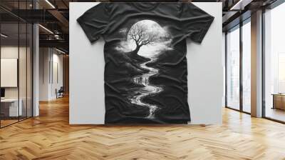 Black T shirt with Moon  Tree  and Waterfall Design Wall mural