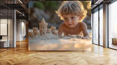 Boy building sandcastle on beach at sunset Wall mural